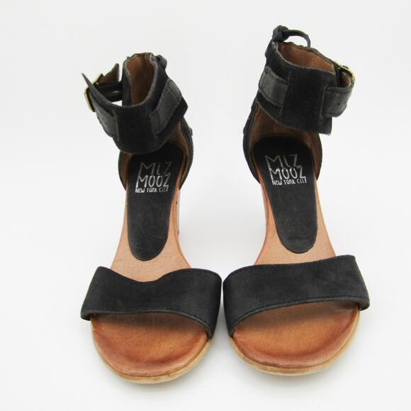MIZ MOOZ Sandals 38 New York Leather Wedge High Heels Ankle Strap Black - Picture 6 of 11